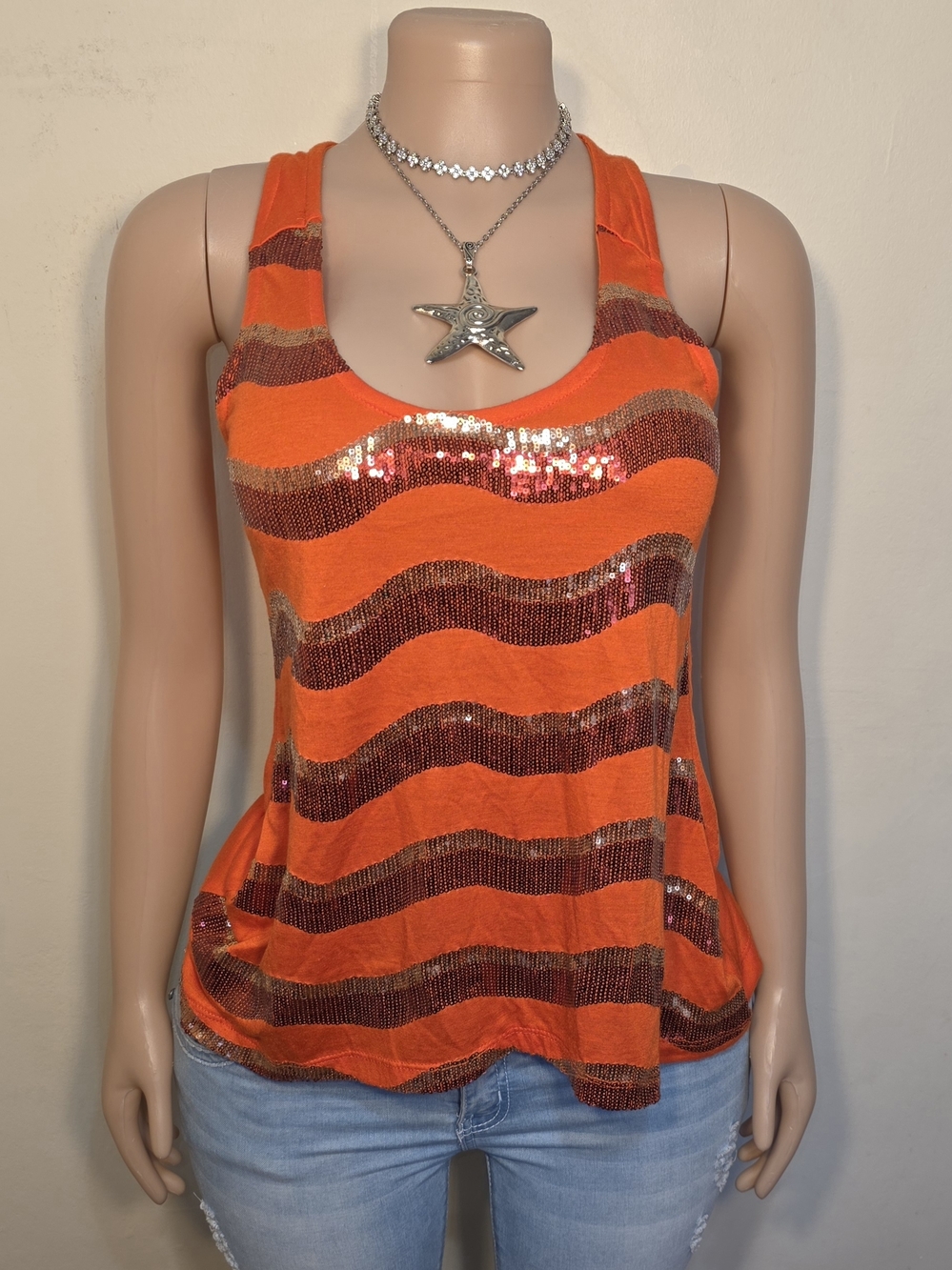 Dots Orange and Brown Sequin Wave Tank Top